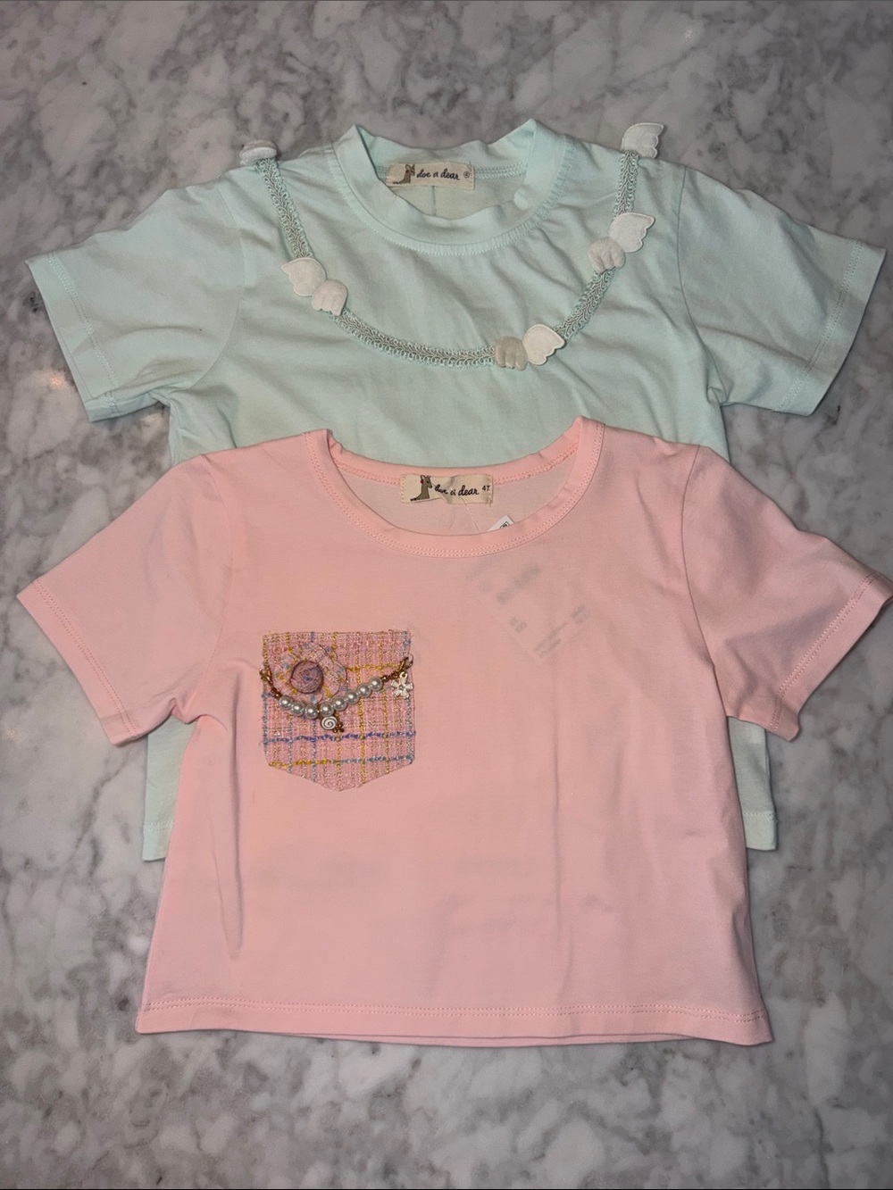 NWT Doe A Dear Girls Short Sleeve Tee Set - Pink & Mint Pocket Detail Bundle 4Y